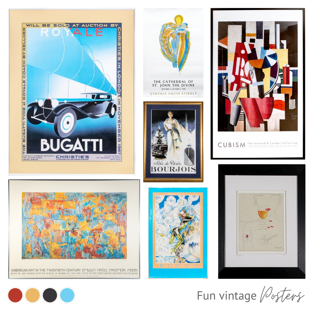 Choose some fun vintage framed posters like a Bugati race car or museum exhibitions